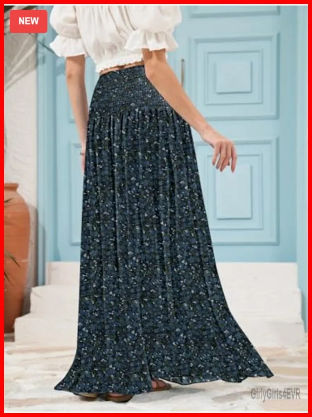 Womens Maxi Skirt Smocked Boho Flowy Casual Long Skirt High Waisted